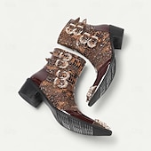 abordables Botas de cuero de primera calidad-Botas de tobillo de cuero con patrón de cocodrilo marrón para hombres con hebillas de punta dorada calzado de inspiración occidental de moda para uso casual y al aire libre