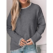 preiswerte Einfarbige Farben-Damen Pullover Lässig Weich Einfarbig Gerippt Rundhalsausschnitt Patchwork Gestrickt Langarm Normale Oberteile Stricken Outdoor Täglich Wochenende Grün Khaki Herbst Winter
