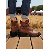 abordables Bottes de combat-Bottines de combat marron à lacets pour femmes avec fermeture éclair latérale et semelle crantée épaisse – bottines d&#039;extérieur élégantes pour l&#039;automne, l&#039;hiver et le streetwear décontracté