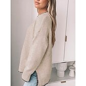 preiswerte Einfarbige Farben-Damen Pullover Lässig Weich Einfarbig Gerippt Rundhalsausschnitt Patchwork Gestrickt Langarm Normale Oberteile Stricken Outdoor Täglich Wochenende Grün Khaki Herbst Winter