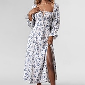 preiswerte Blumenkleid-Damen Maxikleid Milchmädchen-Kleid Urlaub Party Geburtstag Laternenärmel Outdoor Urlaub Täglich Standard Passform Blumen Langarm Quadrathals Weiß Blau Purpur Gold Sommer Frühling Herbst
