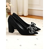 זול Block Heels-נעלי עקב שחורות זמש לנשים, נעלי ערב מחודדות עם פפיון אבני חן, אלגנטיות ונוחות לדייטים קז&#039;ואל ולתלבושות יומיומיות