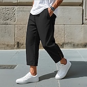 baratos Retrô-Homens Calças de linho Calças Calça verão Calças largas Calças Cropped Cintura elástica Com Cordão Côr Sólida Tecido Conforto Respirável Mimolet Casual Diário Feriado Férias Moda Preto Branco Sem