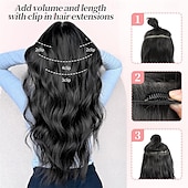 preiswerte Clip-in-Erweiterungen-Clip-in-Haarverlängerungen, 4 Stück, lang, gewellt, synthetisch, dunkelschwarz, braun, Faser, doppelter Schuss, natürlich, dick, 24 Zoll, für Frauen