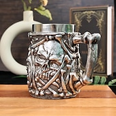 economico Halloween Cucina-Tazza teschio di Halloween in resina 3D &amp;Boccale da birra in acciaio inox a doppio strato, tazza da caffè a forma di teschio, bicchieri per feste di Halloween, regalo fantastico per gli amanti della
