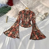 preiswerte Oberteile-Retro Vintage 1970er Groovy Bauchfreies Top Glockenärmel Disco Netz Blumen Damen Halloween Karneval Musikfestival Retro-Mottoparty Erwachsene Oberteil