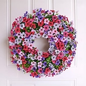cheap Artificial Plants &amp; Flowers-Artificial Eucalyptus and Violet Wreath for Front Door, Faux Greenery Floral Wreath for Home Decor, Wall Hanging and Holiday Decorations