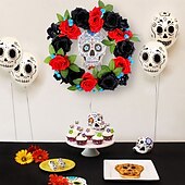 baratos Guirlandas de Halloween e Decorações Florais-guirlandas de halloween para decoração de portas da frente internas e externas, guirlanda de rosas vermelhas e pretas do dia dos mortos com placa de caveira para decoração de janelas e paredes