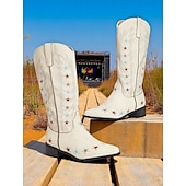 levne Cowboy &amp; Western Boots-Dámské krémové kovbojské boty ve westernovém stylu s barevnou výšivkou hvězd – retro rodeo boty do půli lýtek na country koncerty, festivaly a american outfity