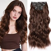 voordelige Clip-in-extensies-Clip-in krullende haarextensies 4 stuks lang golvend haar mix bruin synthetisch clip-in extensions 22 inch voor vrouwen # gemengd bruin &amp;blond