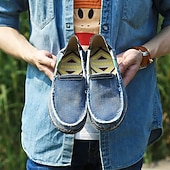 economico Slip-ons e mocassini da uomo-Mocassini da uomo in denim blu con bordo sfrangiato, scarpe casual leggere slip-on per le uscite del fine settimana, le passeggiate estive e il comfort quotidiano