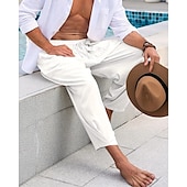 cheap Holiday-Men&#039;s Linen Pants Summer Pants Beach Pants Harem Pants Pocket Elastic Waist Drawstring Plain Comfort Breathable Calf-Length Vacation Daily Holiday Hawaiian Boho Black White
