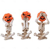 cheap Halloween Hanging &amp; Tabletop Decorations-3pcs/set Halloween Pumpkin Head Skull Resin Figurine, Spooky Home Decor, Horror Doll Scene Prop