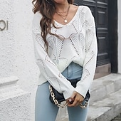 cheap Solid Colors-Women&#039;s Pullover Casual Solid Color Chunky V Neck Knitted Hole Long Sleeve Regular Tops Knit Daily Holiday Going out White Blue Summer Fall