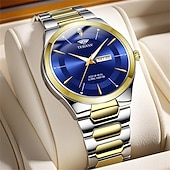 baratos Relógios Quartz-Relógio de quartzo masculino da moda com pulseira de aço, design simples e mostrador circular ipx7 à prova d&#039;água, calendário luminoso, data, relógio de quartzo