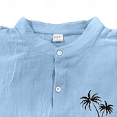 preiswerte Straße-Herren Hemd Leinenhemd Freizeithemd Knopfhemd Baumwollhemd Kokospalme Urlaub Hawaiianisch Schwarz Weiß Khaki Grau Langarm Stehkragen Sommer Frühling Bekleidung Druck