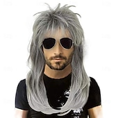 preiswerte Historische Perücken-Herren graue Farbverlauf Mullet Perücken 80er Rock &#039;n&#039; Roll Perücken für Männer schulterlang natürlich aussehende hitzebeständige synthetische Faser Film Cosplay Perücke Halloween Perücken