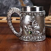abordables Halloween Cuisine-Chope à bière en forme de crâne d&#039;Halloween, style rétro créatif, en forme de corne de bélier, en résine 3D surélevée &amp;Verres en acier inoxydable avec relief amusant pour les amateurs de bière