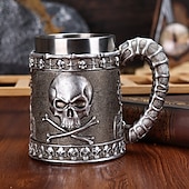 abordables Halloween Cuisine-Chope à bière en forme de crâne d&#039;Halloween, style rétro créatif, en forme de corne de bélier, en résine 3D surélevée &amp;Verres en acier inoxydable avec relief amusant pour les amateurs de bière