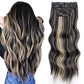 abordables Clip dans les extensions-Extensions de cheveux à clipser 20 pouces, extensions de cheveux longs blonds mélangés noirs, 4 pièces, postiches synthétiques souples pour femmes