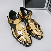 billige Kjole sandaler-Gull- og svarte metalliske sandaler for menn – stilige gladiatorsandaler med moderne spennedesign, perfekte for uformelle utendørsarrangementer