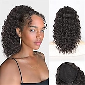 ieftine Coadă de cal-Extensie de coadă de cal neagră de 14 inch, coadă de cal creță cu șnur, pentru femei, coadă de cal falsă cu clips, extensii de păr sintetice crețe, coadă de cal