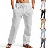 cheap Classic-Men&#039;s Linen Pants Trousers Summer Pants Beach Pants Pocket Elastic Waist Drawstring Striped Comfort Breathable Vacation Daily Holiday Hawaiian Boho Black White