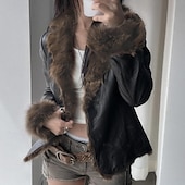 cheap Furs &amp; Leathers-Women&#039;s Casual Jacket Warm Comfortable Buttons Fur Collar Fashion Plain Holiday Going out Weekend Single Breasted Regular Turndown Regular Fit Long Sleeve Outerwear Black Fall Winter
