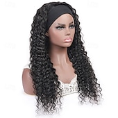 baratos Perucas capless de cabelo natural-Peruca de cabelo humano com faixa de cabeça de cor natural com mecanismo completo, peruca de onda profunda, densidade 150%