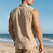 cheap Vacation-Men&#039;s Shirt Linen Shirt Casual Shirt Button Up Shirt Cotton Shirt Plain Vacation Street Black White Yellow Navy Blue Sleeveless Turndown Summer Clothing Apparel Buttons