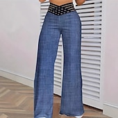 abordables jambe large et taille haute-Femmes Culottes Jambe Large Chinos Vacances ancien Style Ethnique Longueur complète Taille haute Couleur Unie Trou Confortable Respirant Doux Micro-Élastique Extérieur Vacances Occasionnel Bleu