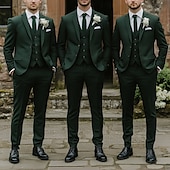 baratos Ternos de casamento-Masculino Casamento O negócio Fato Lapela Chanfrada Verde Escuro Moda Formal Cor Sólida Padrão Conjunto de 3 peças Comum 2 Botões
