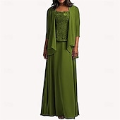 preiswerte Mamas Kleidersets-Kleid-Sets Mutter der Braut Kleid Elegant Einfach Scoop-Ausschnitt Knielang Chiffon Langarm mit einfarbig