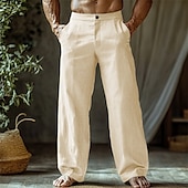 cheap Home-Men&#039;s Linen Pants Trousers Summer Pants Beach Pants Buttons Pocket Straight Leg Plain Comfort Breathable Vacation Daily Holiday Hawaiian Boho Black White