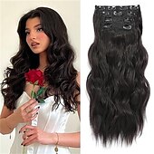 abordables Clip dans les extensions-Extensions de cheveux bouclés à clipser 4 pièces postiches synthétiques épais et longs ondulés avec double trame en fibre pour cheveux de femme tête complète