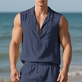 cheap Vacation-Men&#039;s Shirt Linen Shirt Casual Shirt Button Up Shirt Cotton Shirt Plain Vacation Street Black White Yellow Navy Blue Sleeveless Turndown Summer Clothing Apparel Buttons