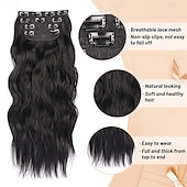 abordables Clip dans les extensions-Extensions de cheveux noirs de jais de 24 pouces à clipser, 4 pièces, extensions de cheveux synthétiques longs et ondulés, extensions de cheveux souples à clipser, postiche à double trame pour toute