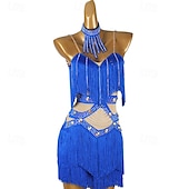 abordables Tenues de danse latine-Danse Latine Robe Strass Gland Épissage Femmes Performance Entraînement Sans manches Chinlon Maille Spandex