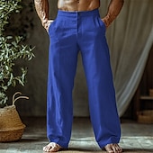 cheap Home-Men&#039;s Linen Pants Trousers Summer Pants Beach Pants Buttons Pocket Straight Leg Plain Comfort Breathable Vacation Daily Holiday Hawaiian Boho Black White