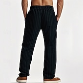 cheap Classic-Men&#039;s Linen Pants Trousers Summer Pants Beach Pants Pocket Elastic Waist Drawstring Striped Comfort Breathable Vacation Daily Holiday Hawaiian Boho Black White