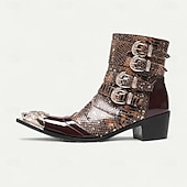 abordables Botas de cuero de primera calidad-Botas de tobillo de cuero con patrón de cocodrilo marrón para hombres con hebillas de punta dorada calzado de inspiración occidental de moda para uso casual y al aire libre