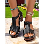 economico Sandali Casual-sandali da donna con tacco a blocco retrò e ritagli – comode scarpe aperte in similpelle nera con suola spessa per mercati del fine settimana, cene all&#039;aperto e feste in giardino