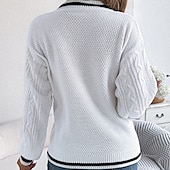 preiswerte Einfarbige Farben-Damen Pullover Lässig Farbblock Gerippt V Ausschnitt Patchwork Gestrickt Langarm Normale Oberteile Stricken Täglich Ferien Ausgehen Weiß Blau Herbst