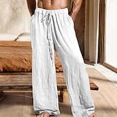 cheap Home-Men&#039;s Linen Pants Trousers Summer Pants Baggy Pants Elastic Waist Drawstring Straight Leg Plain Comfort Breathable Full Length Casual Daily Holiday Vacation Fashion Black White Inelastic