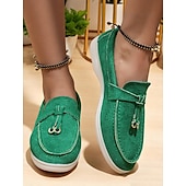 billige Slip-ons og loafers til kvinner-Grønne dameloafers i semsket skinn, lette flate sko med gulldetaljer for uformelle antrekk og daglige dates