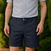 baratos Calções Elite Masculinos-Shorts masculino 100% linho liso na altura do joelho, para escritório, uso diário, férias, estilo étnico, azul escuro, inelástico