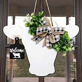 baratos Evento e suprimentos de festa-guirlanda de porta com cabeça de vaca e laço xadrez de búfalo, guirlanda de porta de entrada com flores artificiais e placa de bezerro de madeira, decoração de parede rústica