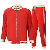 preiswerte T-Shirts-Sets für Männer-Herren T-Shirt Anzüge Hemd- und Hosensets 2-teiliges Outfit Langarm Stehkragen Sommer Streifen Mode Lässig 2 teilig Urlaub Alltagskleidung Ausgehen Schwarz Rote Marineblau Top T-Shirt für Herren