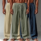 baratos Clássico-Homens Calças de linho Calças Calça verão Calças largas Calças de praia Com Cordão Cintura elástica Perna reta Tecido Conforto Respirável Comprimento total Ao ar livre Casual Diário Férias Moda