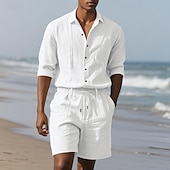 abordables Ensembles t-shirts-Homme Ensembles T-shirt Tenues 2 pièces Ensemble Short manche longue Revers Été Uni Mode Occasionnel 2 pièces Vacances Tenue quotidienne Sortir Noir Blanche Kaki T-shirt haut de gamme pour homme